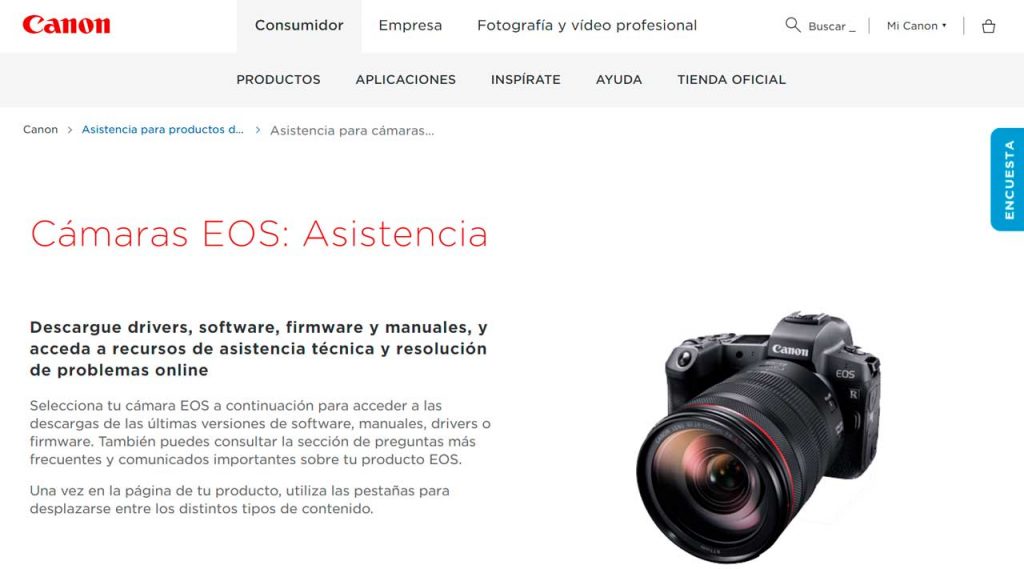 Captura de pantalla de la página Web de asistencia para cámaras Canon EOS.