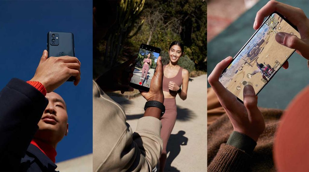 Tres fotografías de usuarios haciendo diferentes usos de los smartphones OnePlus 9 con cámara Hasselblad.