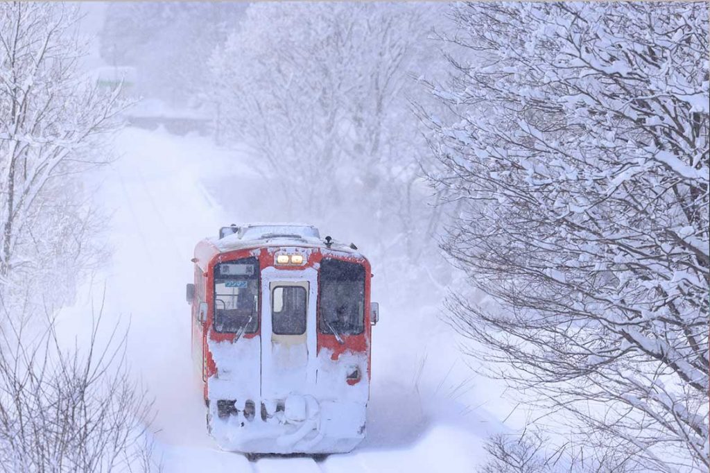 Tren en la nieve fotografiado con el objetivo RF 600 mm f4L IS USM
