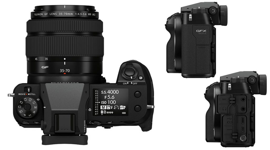 Diferentes vistas de la Fujifilm GFX50S II con las conexiones disponibles.