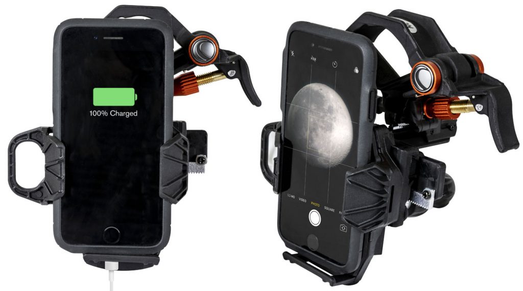 Vistas del adaptador de Hama Celestron NexYZ con un móvil instalado.