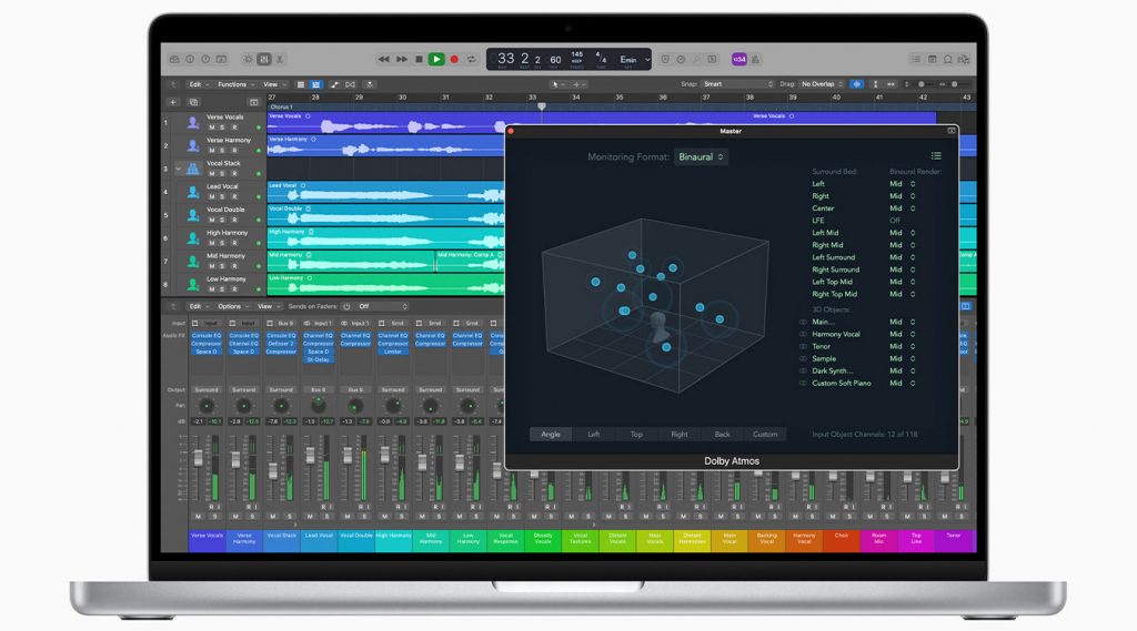 Logic Pro incorpora herramientas de Dolby Atmos que permiten a todos los músicos realizar mezclas en audio espacial