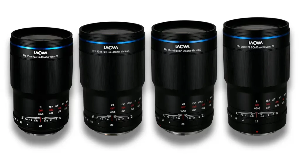 Laowa 90 mm f2.8 2X Ultra Macro APO. De izquierda a derecha monturas: Sony E, L, Canon R y Nikon Z.